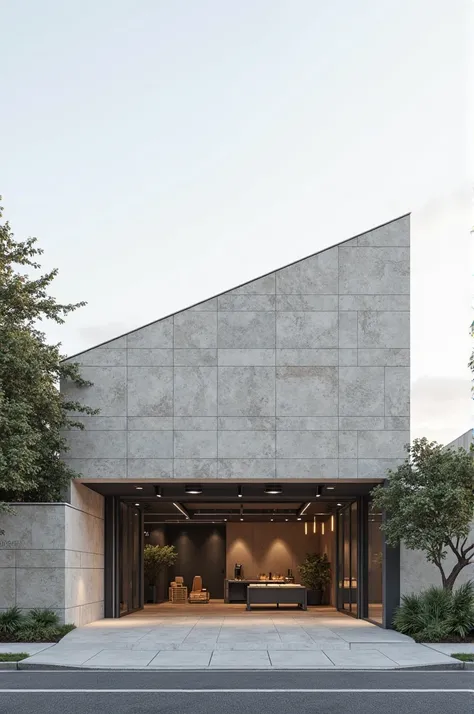 Create the façade of a church with the name "IBSS ", the front almost flush with the street and with a fall in the background and with an underground garage. A sustainable front of unpainted blocks and black details, something modern and economic, next to ...