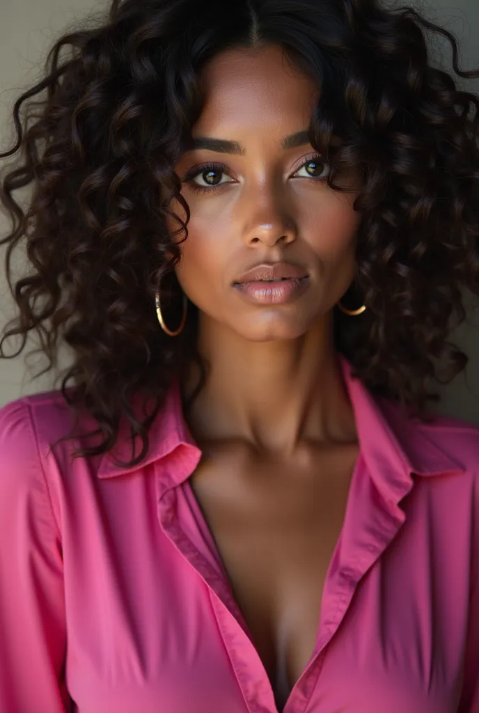 close up photoshoot in pink blouse with dark curls