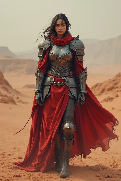 Photo of a woman wearing a closed helmet and modern fantasy armor, armor should be loose, a little dirty and battered. Clothes should not fit the body, red cloak and red desert