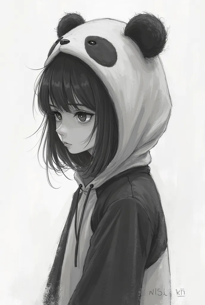 Make me a monotone drawing pfp of a depressed girl in a panda outfit, side profile headshot