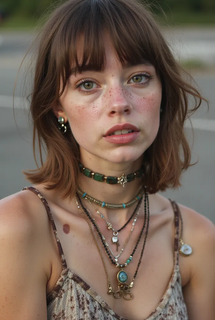 This is a close-up photo of a young woman with light skin and freckles. She has shoulder-length brown hair with bangs, and is wearing a variety of jewelry, including several necklaces, bracelets, and earrings. Her makeup is subtly done, emphasizing her eye...