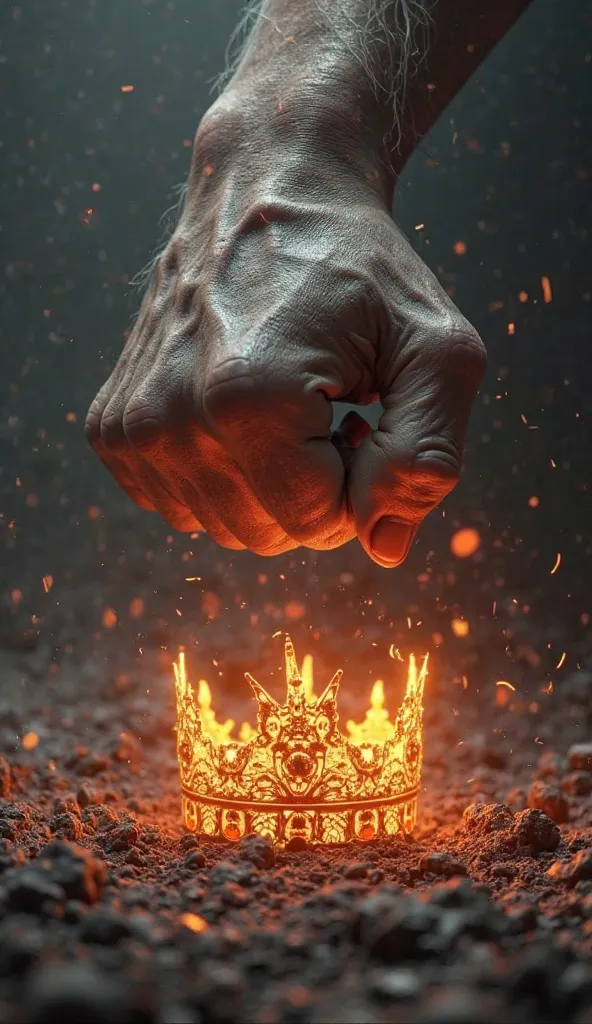 "A symbolic image showing a massive, powerful fist crushing a fragile crown, representing the total destruction of an enemy. The background is dark with fiery highlights, emphasizing strength and dominance. The art style is hyper-realistic with a metaphori...