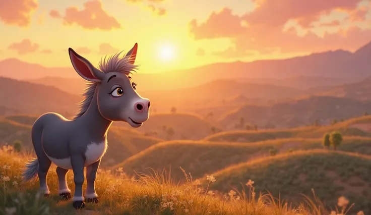 A gray donkey with silvery highlights stands at the edge of a hill, gazing at the sunrise with a serene expression. Its deep, gentle eyes reflect the warm hues of dawn as the golden light bathes its fur. The vast valley stretches before it, painted in soft...