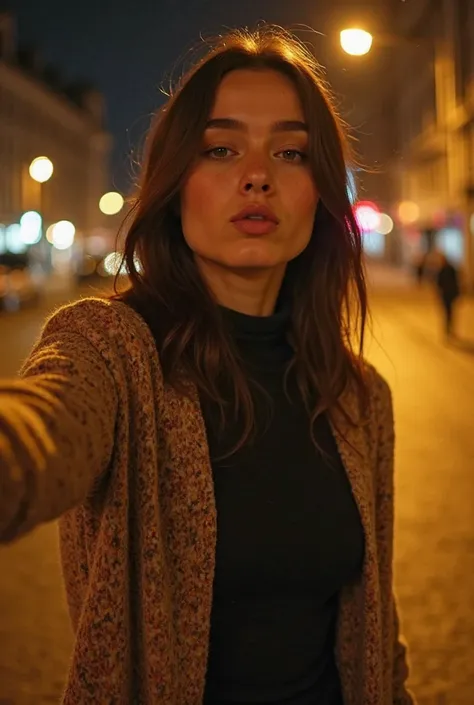 real photo. a female, 33 years old, european, young adult, slim body, small breasts, brunette hair. The girl is very skinny. In a knitted wool jacket and black tights.   sends an air kiss. Night.  yellow lighting.  front-camera selfie with arm outstretched...