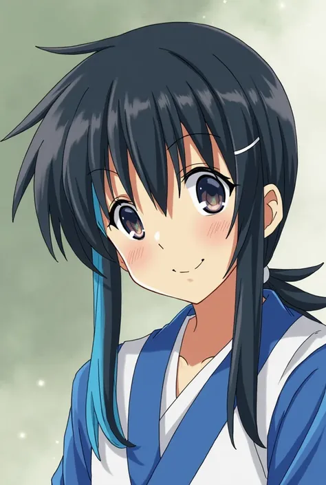 The boy has long hair tied low simply with a white cloth string, black hair mixed with a few blue hairs, big round sparkling eyes, hair with bangs parted evenly to both sides, sideburns, wearing blue and white clothes.