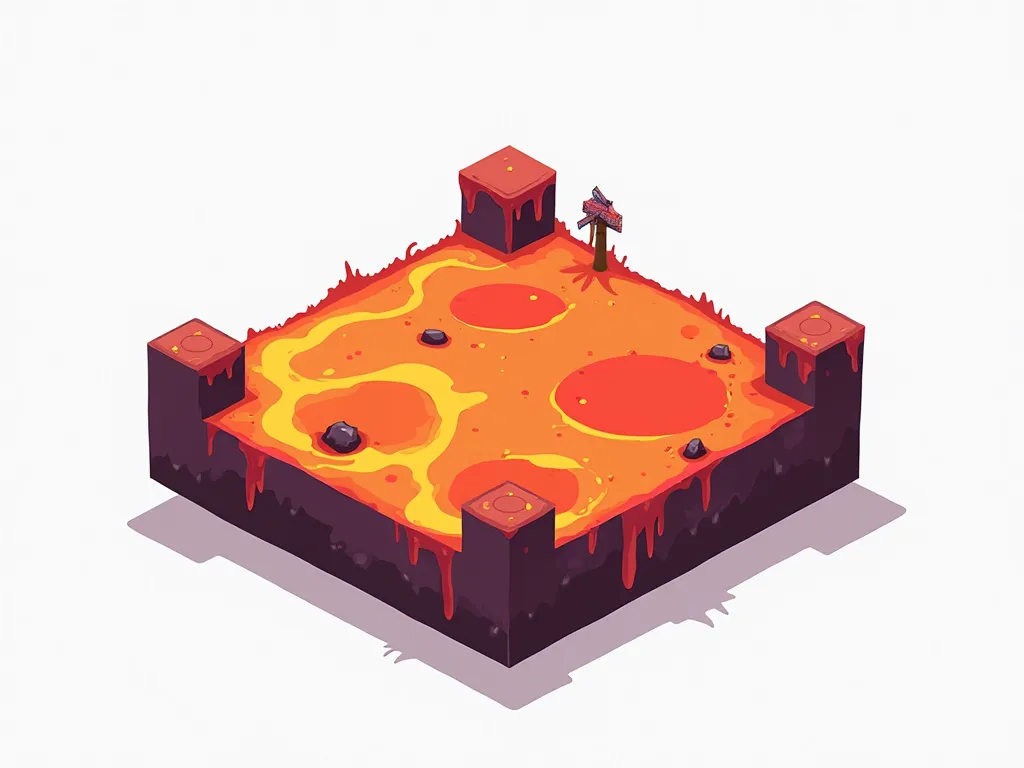 "A completely flat, 2D illustration of a lava floor in a side view, with a basic design and no isometric or 3D elements. The lava should be shown as a simple, rectangular shape with a single face, viewed directly from the side. The colors should be flat an...