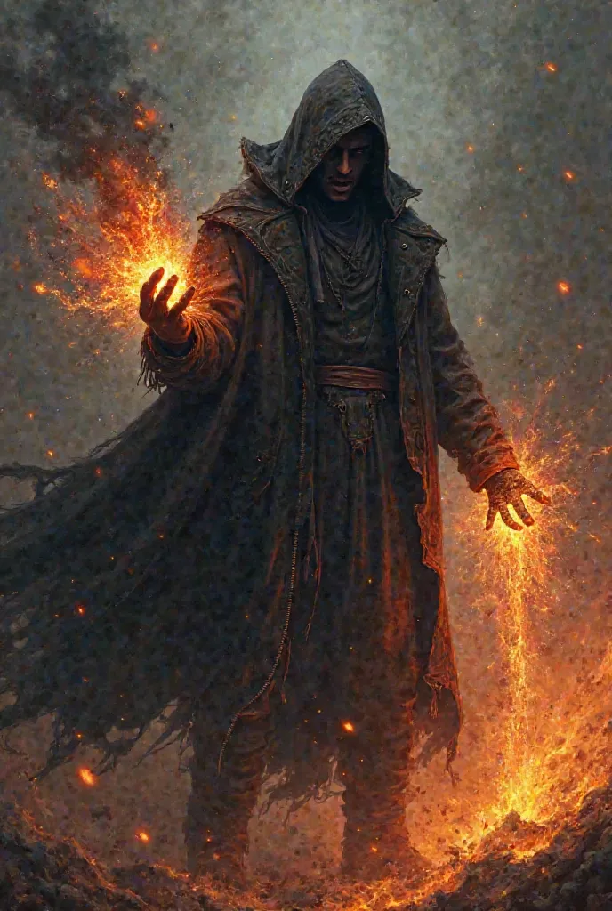 A man with a cap and a long black jacket with firepower.
He has hellish powers and the ability to create fireworks.