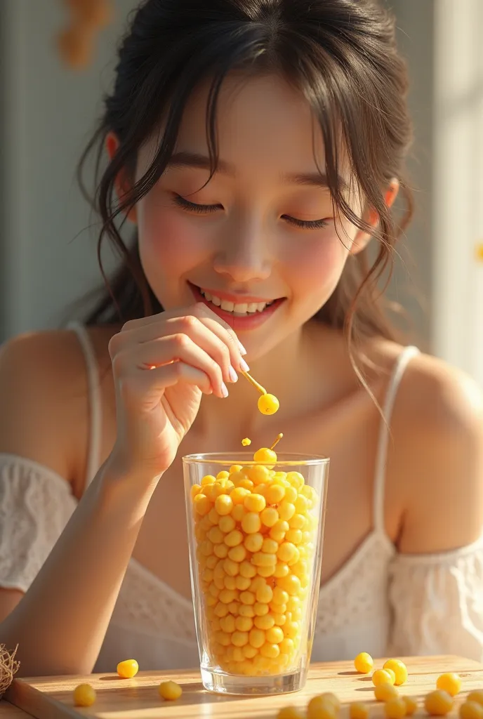 Loved.s eating corn in glass with net