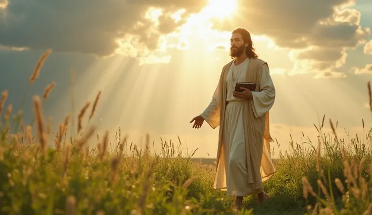 Create a hyper-HD, ultra-hyper-realistic image of Jesus walking through a lush meadow, holding a Bible in His hands. The rays of sunlight streaming through the clouds symbolize divine blessings and the peace that comes from embracing the teachings of God.
...