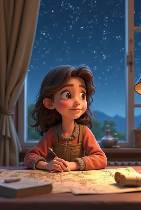 B"Clara, a  girl, is sitting at a table, surrounded by maps and an old sketchbook. She has a pencil in her hand and a focused look in her eyes. Her room has a window overlooking the starry sky. 3D Pixar style."