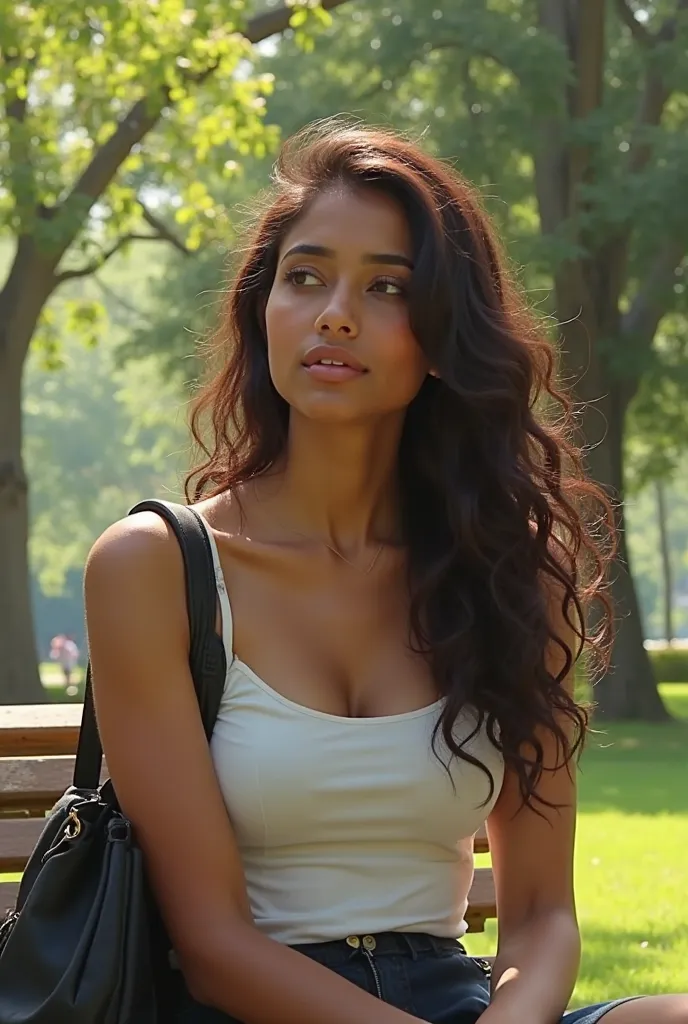 An indian woman , 24 years old, with brown skin and long curly brown hair, wearing a white tank top and a black bag in a park