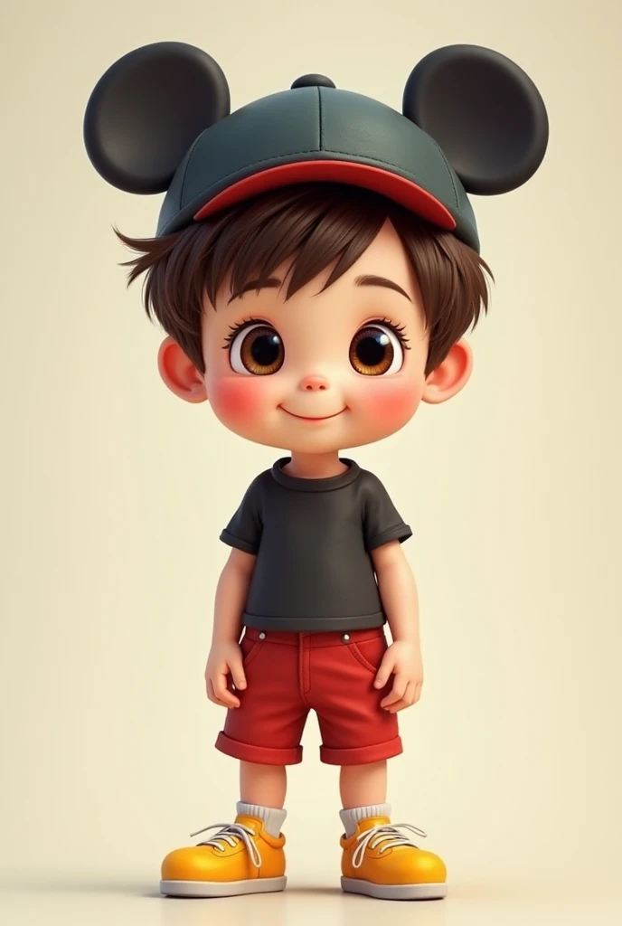 Brunette haired boy with small black eyes, full face, Black hair with red shorts and black shirt and Mickey hat yellow shoe with white laces
