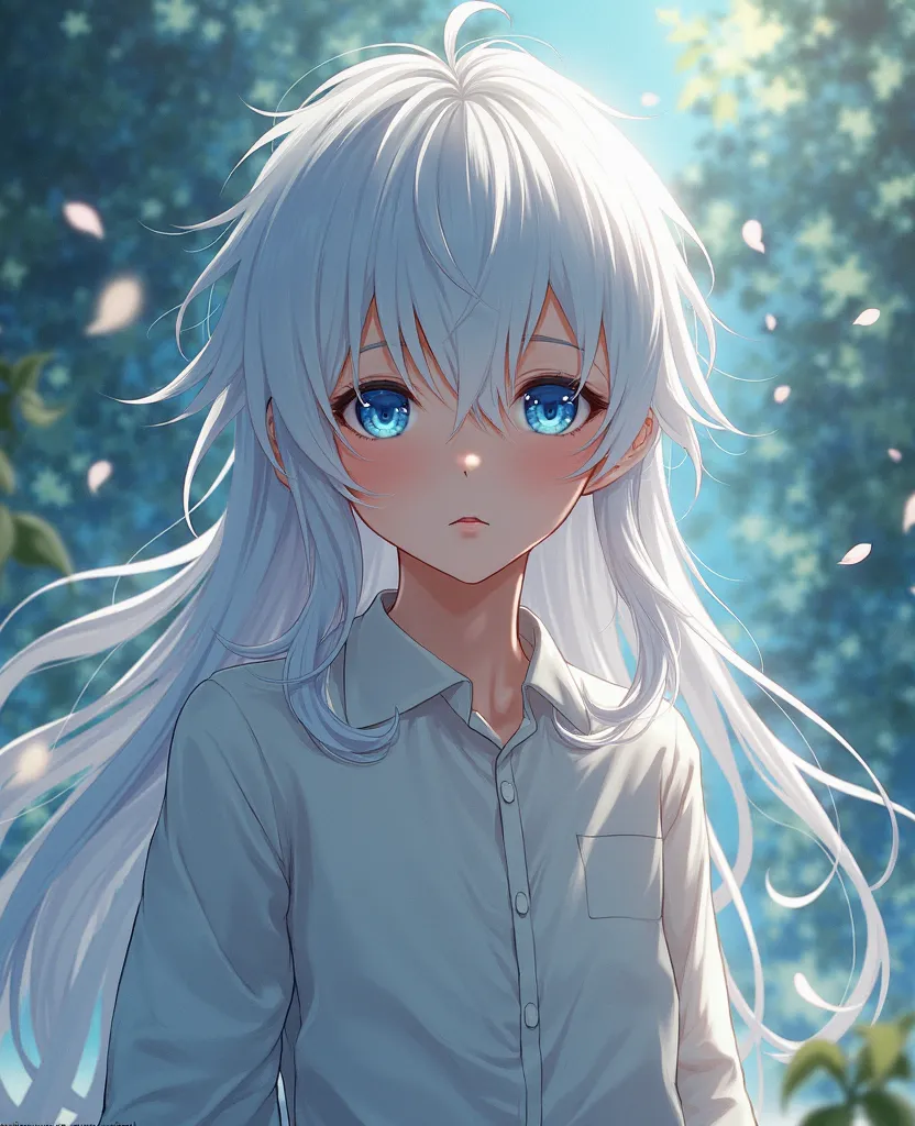 Boy anime character with long white hair down to his back and blue eyes