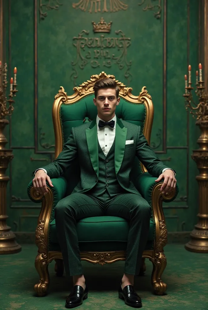 The picture is unique in its green colors and a young man wearing a suit is sitting on a royal chair in a royal palace with a royal background. Behind the chair, there is a 3D text that looks old and unique. There are only five blank pictures on the side w...