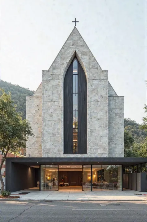 Create the façade of a very large church, reminiscent of a school, with floors , the front almost flush with the street and with a fall in the background and with an underground garage. A sustainable front of unpainted blocks and black details, something m...