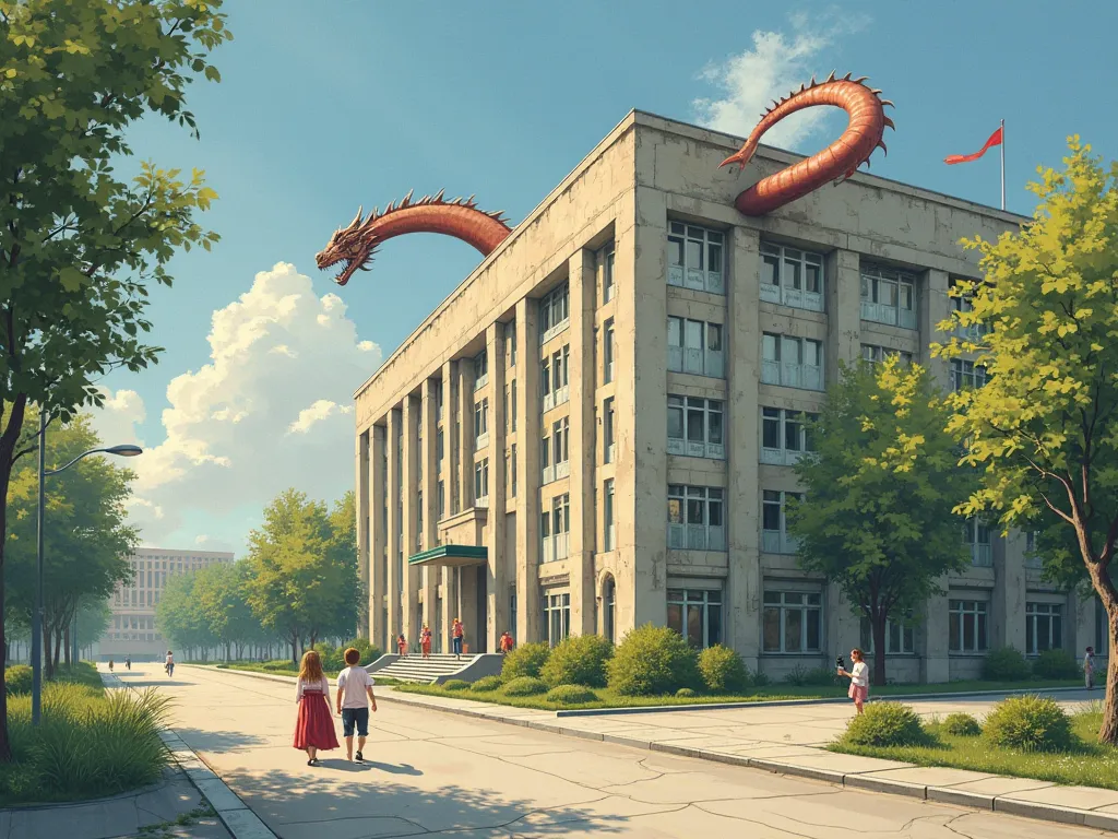 Ghilbi style.  sunny day. The administrative building of a Soviet factory.  down the street, on which the building stands, past this building, people are walking. The street is not wide. It has trees and rare well-groomed shrubs. All people go about their ...