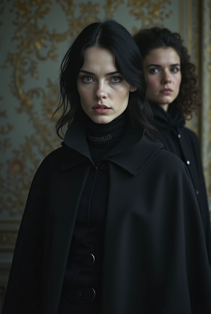 image of a pale white woman with black hair, Mysterious and serious with 45 years old wearing a cape in the 1880s wearing dark clothes, In front of her and another woman from 20 years behind her intrigued