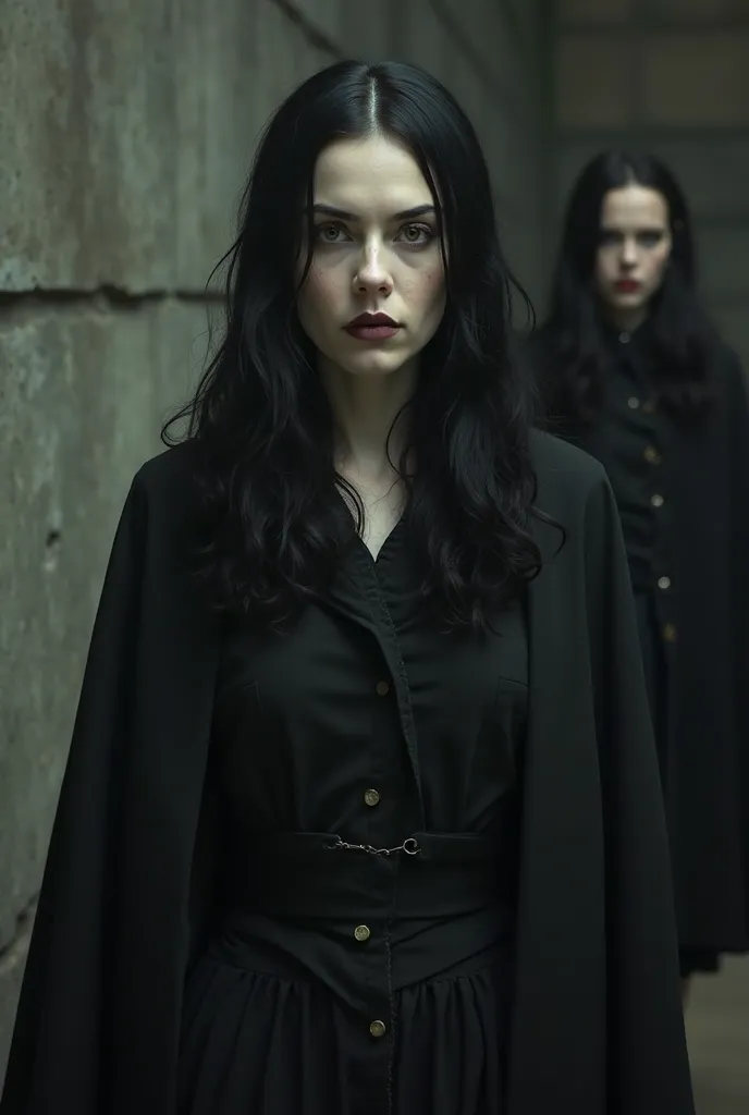 image of a pale white woman with black hair, Mysterious and angry 45-year-old woman wearing a cape in the 1880s wearing dark clothes, In front of her and another woman from 20 years behind her intrigued