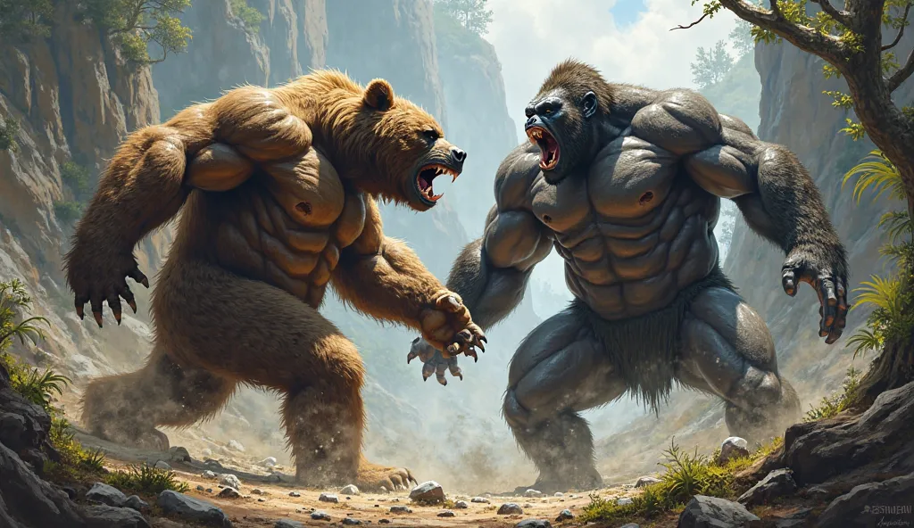 a muscular bear fighting a muscular gorilla