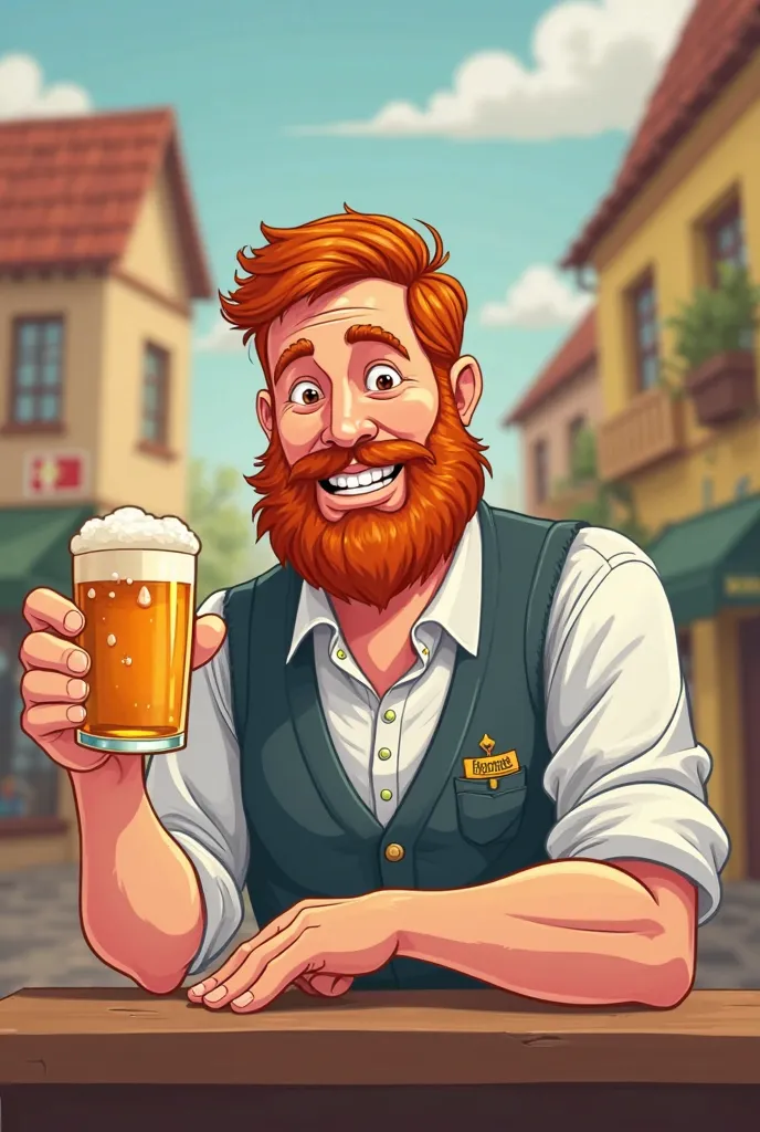 German man with beard and short red hair happy on the side of a vector cartoon holding a beer glass and leaning his other arm on a table