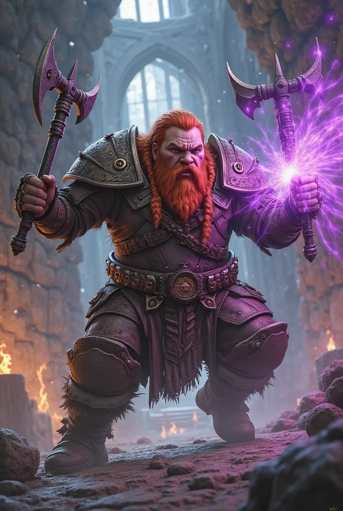 Make an image of a red-haired dwarf with two axes dodging a purple fire spell in an acrobatic way 