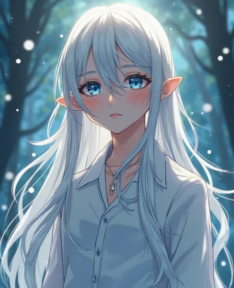 Boy anime character with long white hair down to his back and blue eyes