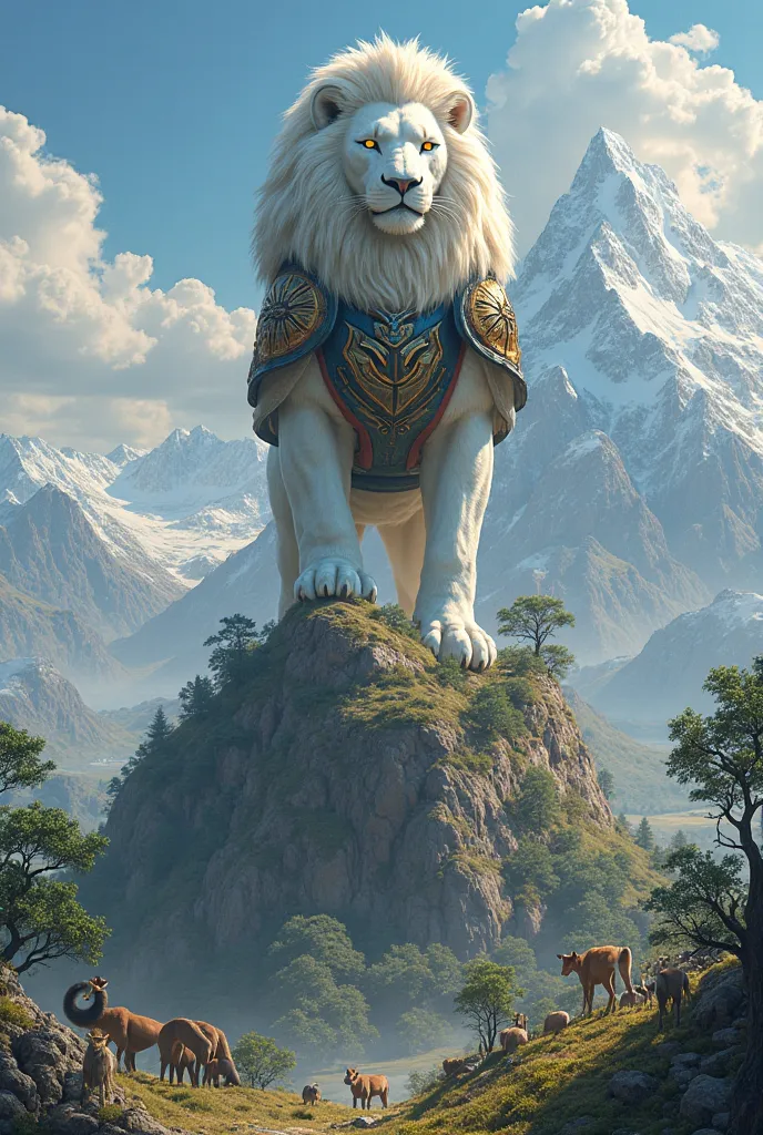 A huge white lion stands on a high mountain wearing strong clothes. Under the mountain there are many trees and different animals