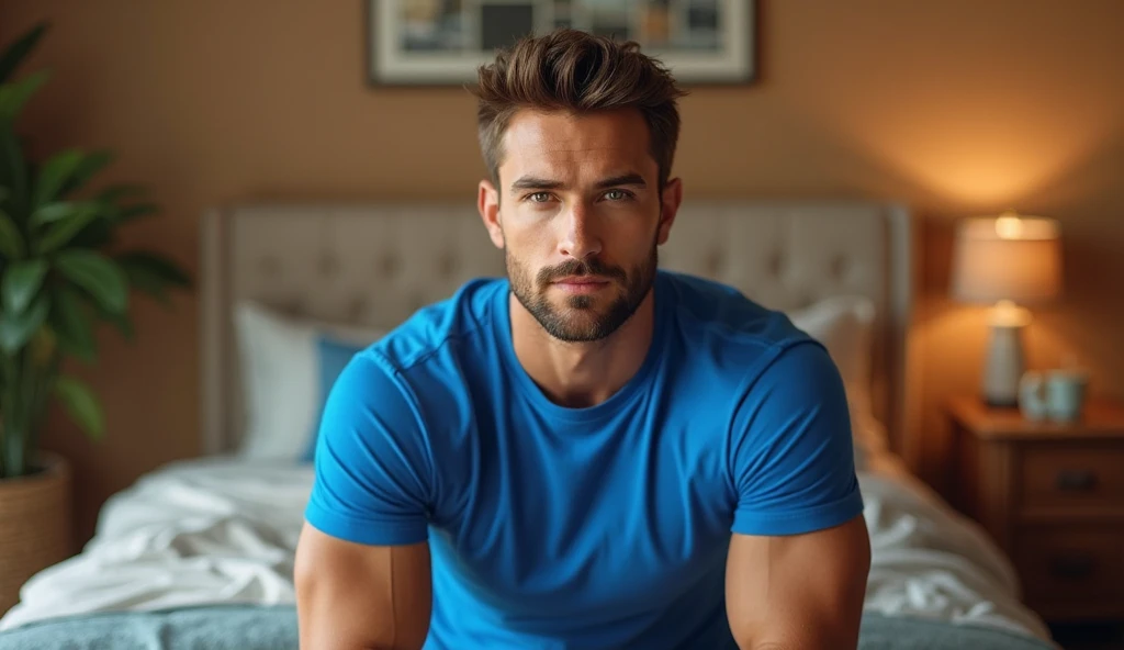 Create a handsome man in a blue t-shirt in the bedroom