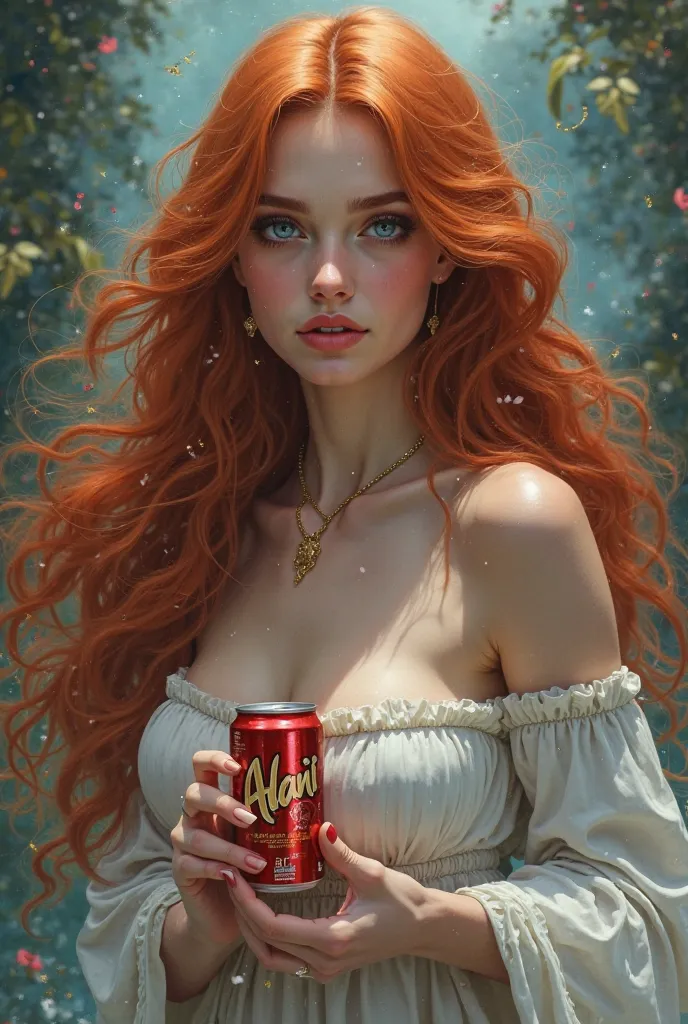 A picture of a goddess with long red hair and piercing blue eyes who is beautiful and is holding in a  Alani energy drink modest clothing 