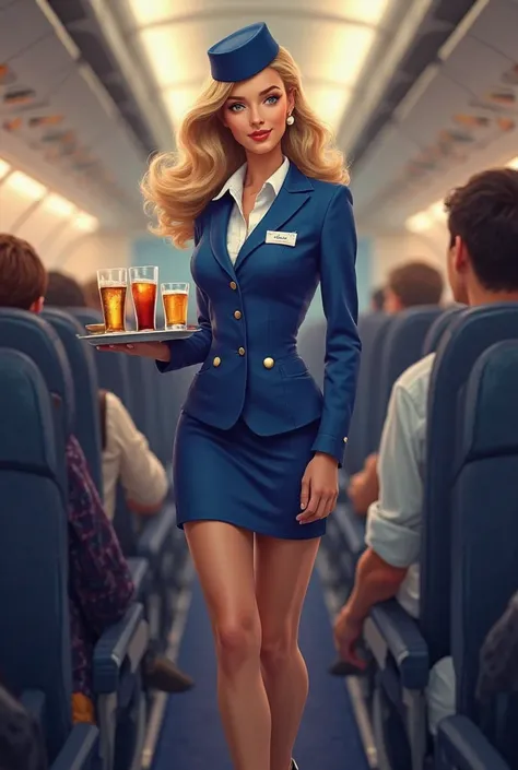 Blonde flight attendant in blue, uniform with hat and miniskirt serving drinks on the plane