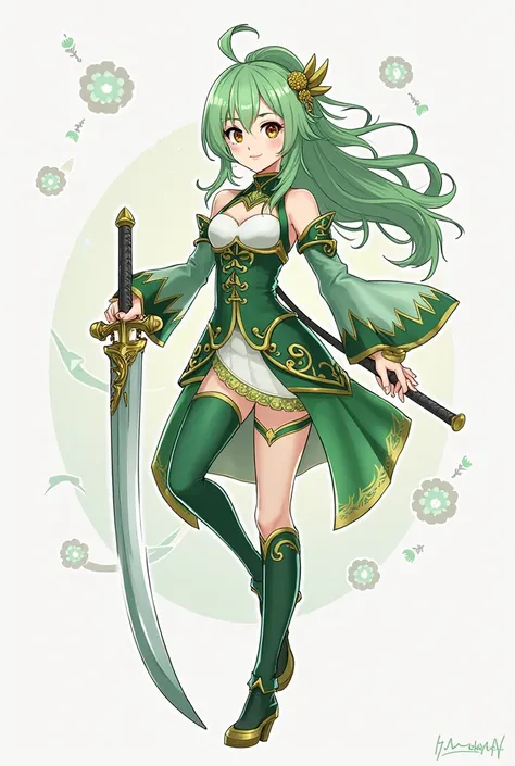 a cartoon image of a woman with a sword and a green outfit, concept art inspired by senior character artist, pixiv, shin hanga, ayaka genshin impact, keqing from genshin impact, art style of rune factory 5, ayaka game genshin impact, genshin impact charact...