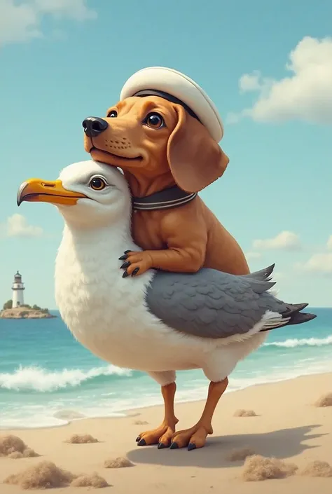 Fat dachshund wearing a sailor's hat and a groundhog seagull is carrying it with its human feet