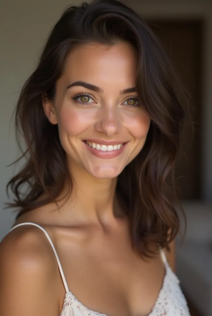 A young woman with fair skin, dark brown hair at shoulder height,  slightly wavy.  Slender and natural body ,  with harmonious features .  expressive brown eyes, beautiful and sincere smile, conveying sympathy and charm .  Her posture is confident and eleg...