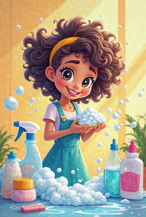 Female curly haired mascot, with dark eyes using soap with lots of bubbles and various cleaning products 