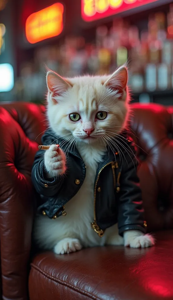 A white kitten with patches of light brown fur sits on a luxurious bar sofa, looking weak and timid. The kitten wears a slightly oversized black leather jacket, making it seem smaller and more vulnerable. Its eyes are wide, slightly nervous, and unsure. It...