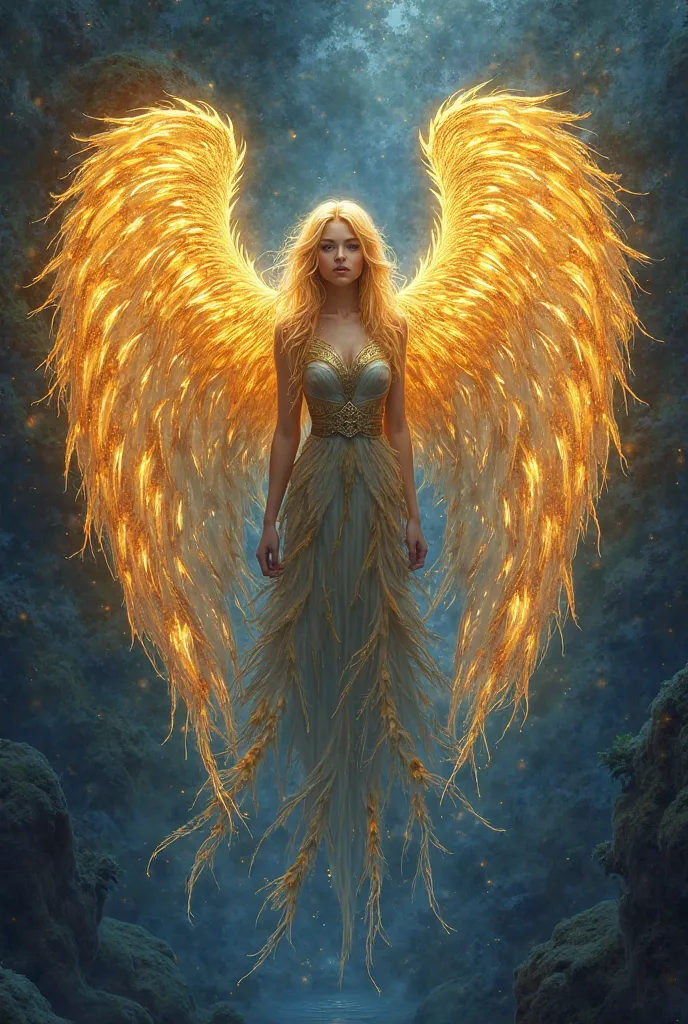 Adriel: her wings burned like a flame of gold and blue intertwined. Each feather seemed to carry a fragment of the Creator's first breath; the golden stripes reflected the sun at its brightest, while the blue veins held the mystery of a deep ocean. With ev...