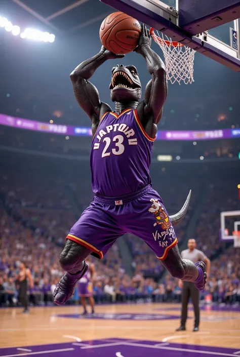 Toronto Raptors purple uniform, With the dinosaur making a dunk