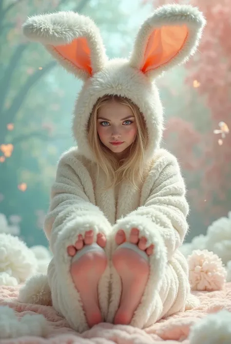 Woman dressed as a rabbit showing her feet