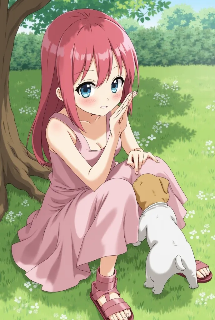 Sakura Haruno is relaxing in her garden when a playful puppy appears, tugging at her dress. She takes a break from her training to play with the adorable pup, discovering a new side of her gentle personality.