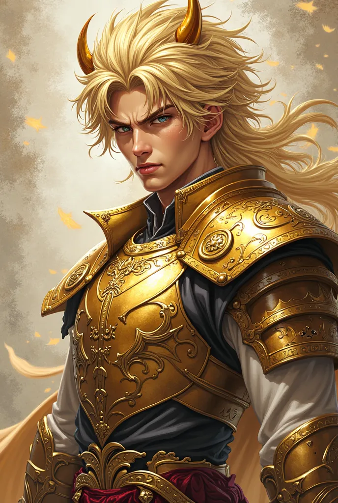 (( top quality)), (( masterpiece)), ( exhaustive) Anime style beautiful man, 20 years old, golden wild hair, Beast Ears ,   Golden Armor Martial Arts Stance