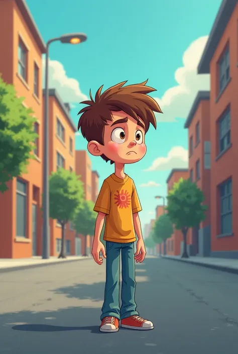 A cartoon-style illustration of Tom quickly turning around, but there is no one behind him. The street looks empty and normal, yet he feels an unsettling presence. His expression shows confusion and slight fear.
Tom young boy s 