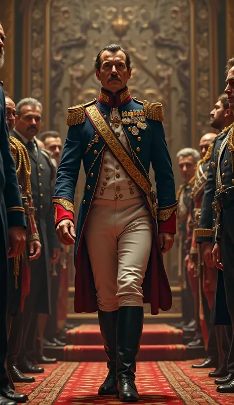 "A historical scene of Napoleon Bonaparte walking away from his throne, leaving his advisors and soldiers in silent anticipation. The atmosphere is tense, with dramatic lighting emphasizing his strategic retreat. The style is hyper-realistic and cinematic....