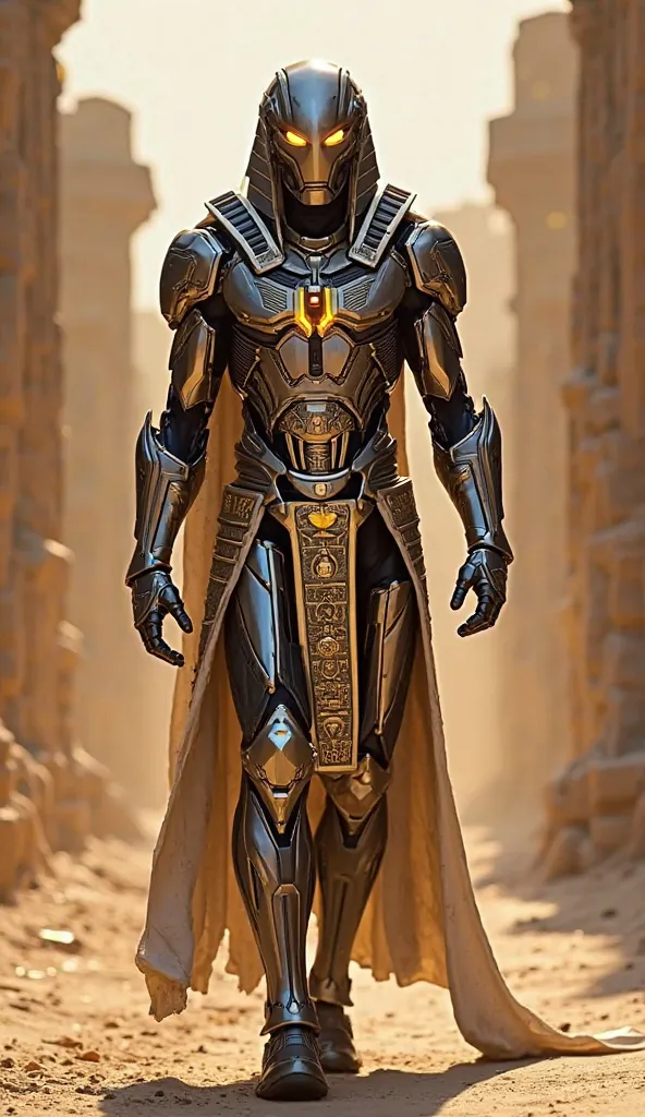 MARVEL Ultron with his Egyptian-style armor filled with hieroglyphics walking towards the camera.