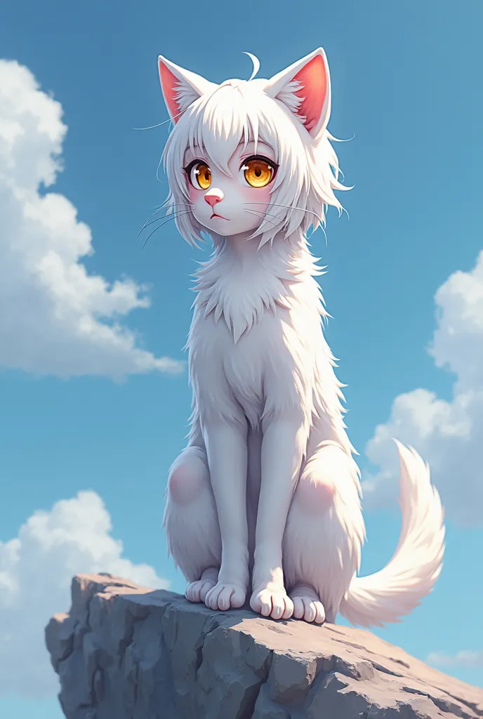 anime girl with white hair and yellow eyes standing on a rock, white cat girl, anime style. 8k, beautiful anime catgirl, very beautiful anime cat girl, anime style 4 k, cute anime catgirl, soft anime illustration, stylized anime, anime catgirl, holo is a w...