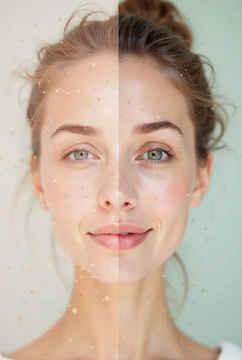 "A social media promotional design for a beauty center focusing on skincare. The image features a young woman's face divided into two halves. The left side appears tired, dull, and stressed, while the right side looks fresh, healthy, and radiant. This cont...