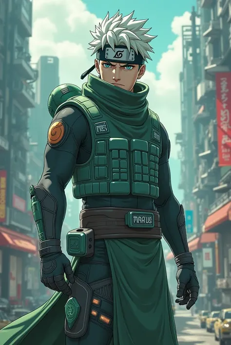 Create a realistic man inspired by Minato Namikaze, with a strong and large body , Now a ninja from the future, wears a futuristic combat armor. The armor, made of a light and resistant vest, It shines in shades of green and blue, reflecting his indomitabl...