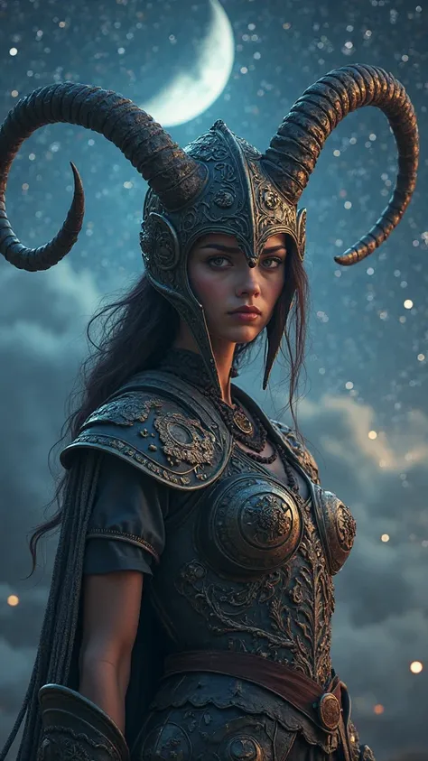 Capricorn zodiac sign if you were a warrior girl in the background of the night full face with horns on your helmet