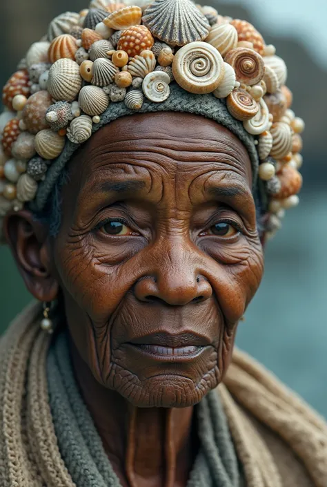 Face of an old black woman with seashells