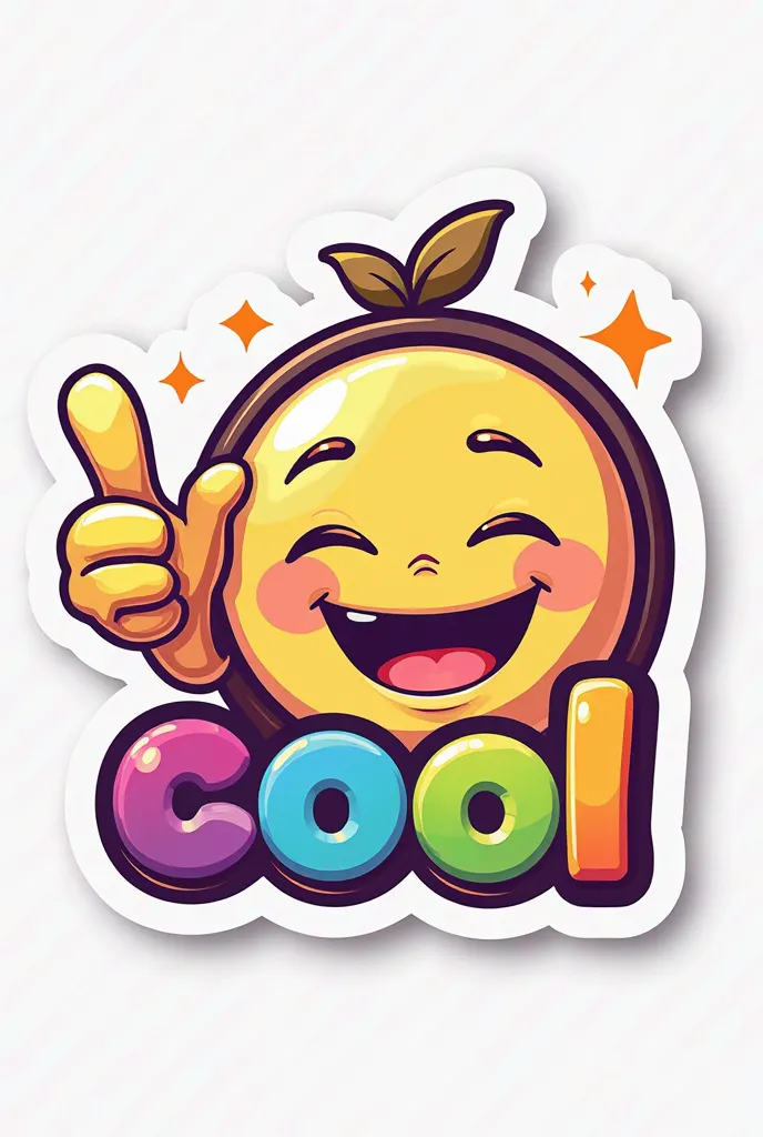 Create a round tik tok sticker laughing smiley with a hand and thumb up and an inscription "Cool" in rainbow colors