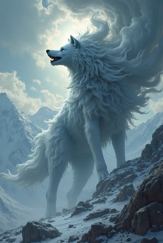 Black clouds took the form of a howling wolf in the sky ( blend in the wolfs body with the clouds add in some snowy mountains in the background and make the clouds more layerd)